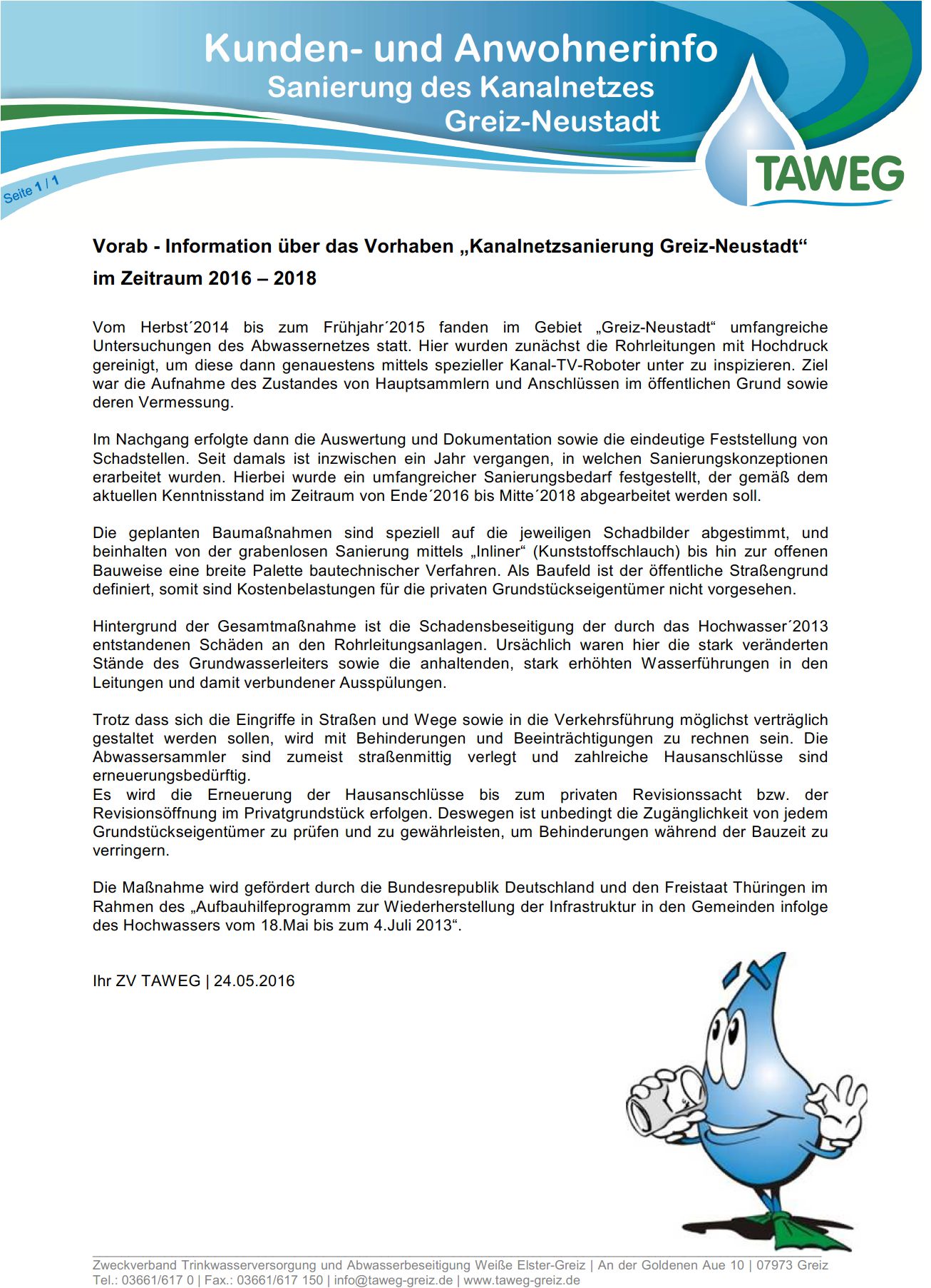 Mehr über den Artikel erfahren Kundeninfo der TAWEG zur „Kanalnetzsanierung Greiz-Neustadt“